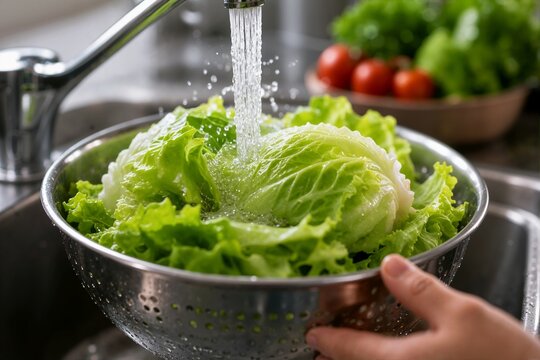 Hands washing fresh lettuce in a metal colander under running water. Cleaning leafy greens in a kitchen sink. Food safety, hygiene and illness prevention concept