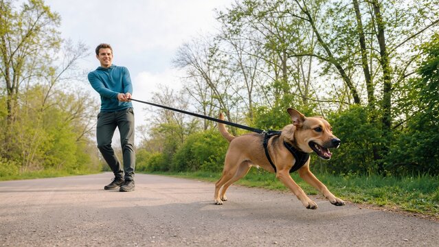Dog pulling on leash during walk with owner. Excited pet tugging on leash on park path. Canine behavior and outdoor exercise concept