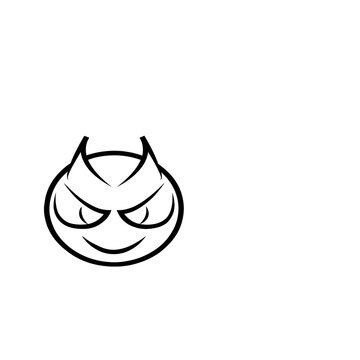 Minimalist devil face icon, simple black line art character design on white background