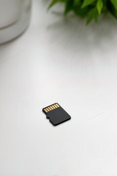 Micro SD memory card on white table. Small black flash drive with gold contacts on textured surface