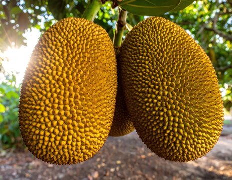 Two large ripe jackfruits hanging from tree branch.