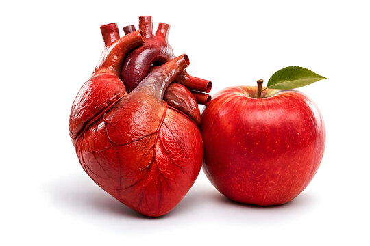 Conceptual image of a realistic human heart positioned beside a fresh red apple, symbolizing heart health, healthy nutrition, cardiovascular wellness, and the importance of a healthy lifestyle. Isolat