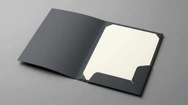 Open black presentation folder with a blank white paper document sheet inside for professional business branding design
