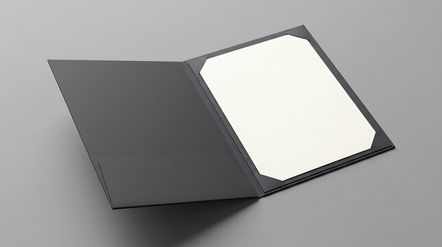 Open black presentation folder with a blank white certificate paper document inside for professional business branding