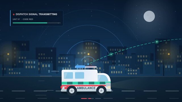Emergency Ambulance Service Dispatch in City at Night