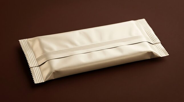 Blank shiny golden foil food packaging wrapper for a chocolate bar or snack isolated on a dark brown studio background
