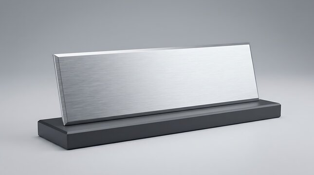 Empty rectangular metal name plate stand on a dark base for office desk identification and professional branding sign
