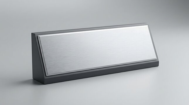Empty silver desk name plate with a dark gray base for office identification or custom business signage display item