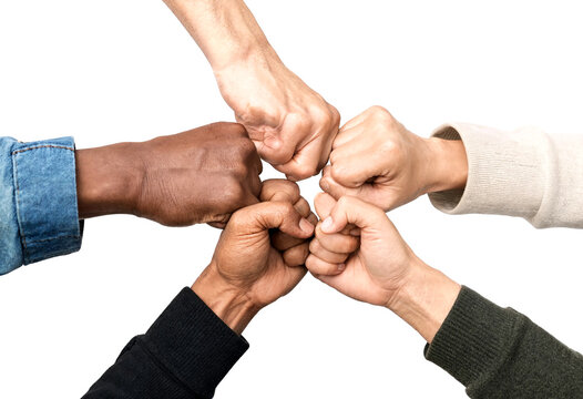 Diverse group of hands making a fist bump in unity and teamwork gesture together