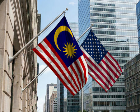 Malaysia and United States crossed national flags waving against a blue sky, representing bilateral relations and diplomacy.