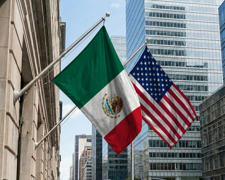 Mexico and United States crossed national flags waving against a blue sky, representing bilateral relations and diplomacy.