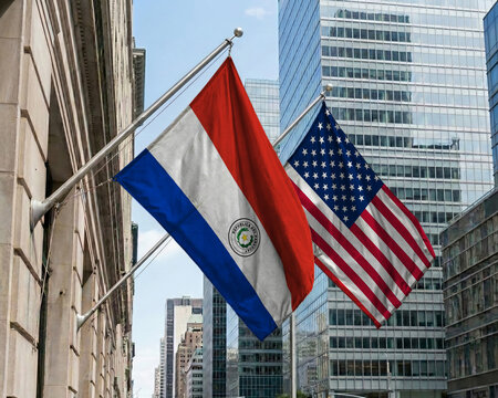 Paraguay and United States crossed national flags waving against a blue sky, representing bilateral relations and diplomacy.