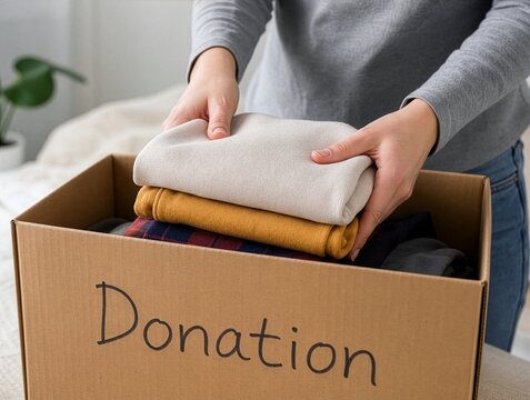 Woman putting folded clothes into a cardboard donation box, concept of charity, clothing donation, giving to those in need and community volunteering