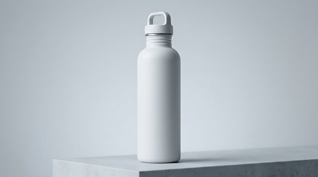 Empty white metal water bottle standing on a flat surface