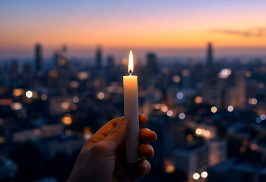 Hand holding a lit candle against a stunning cityscape skyline during twilight or sunset hour