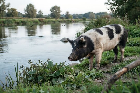 Pig standing water bank grass trees high resolution picture