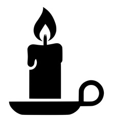 Obraz premium Minimalist candle silhouette icon, burning wax candle in holder, black vector candle graphic for holiday and memorial designs