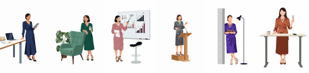 Obraz premium Collection of professional business women in various office settings, featuring presentations, public speaking, and desk work scenes isolated on a white background.