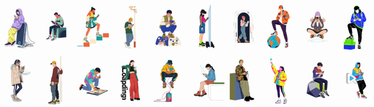 Large collection of diverse people illustrations in modern casual attire performing various daily activities, isolated on a white background for design projects.