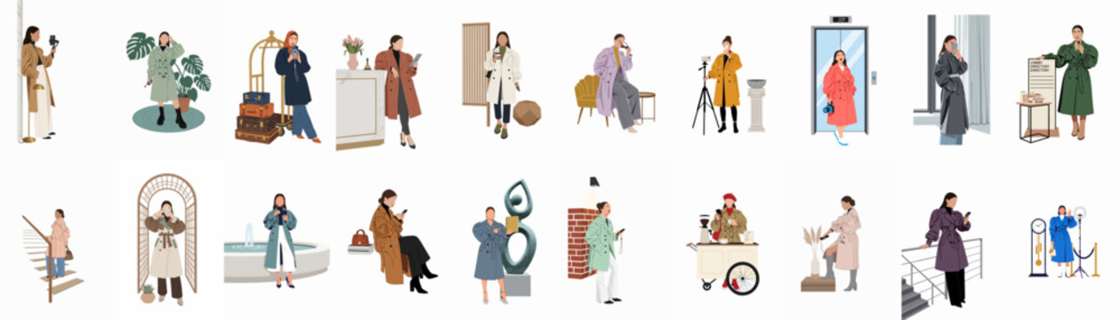 A collection of stylized flat vector illustrations of people in various outfits and settings, ideal for architectural visualization and modern design projects.
