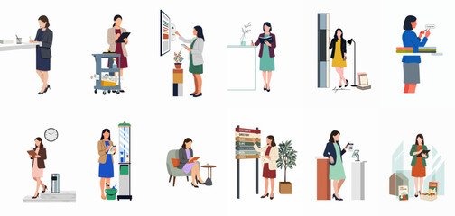 Fototapeta premium Set of diverse female professional characters in flat illustration style engaged in various office and workplace activities on a white background.