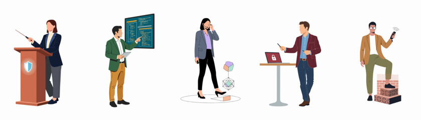 Obraz premium Set of Professional Business People Illustrations in Various Work Scenarios Including Speaking, Presenting, and Using Technology