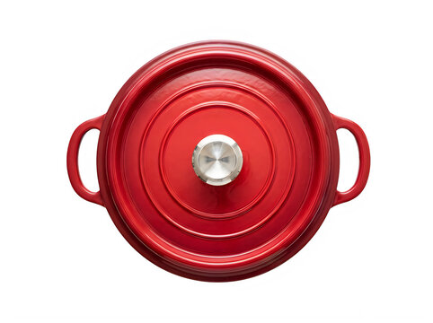 Top view of a round red cast iron dutch oven pot with a lid for cooking and baking isolated on transparent background