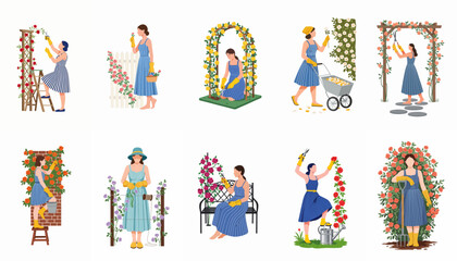 Fototapeta premium Set of flat illustrations of women gardeners in blue dresses performing various yard work tasks like pruning, watering, and planting flowers.