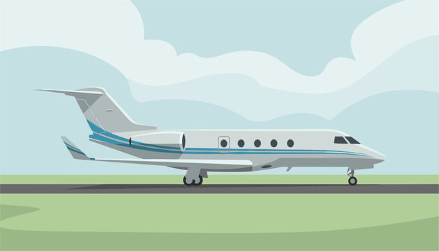 Luxury white private jet with blue stripes sits parked on an airport runway with a soft green field and cloudy blue sky in the background.