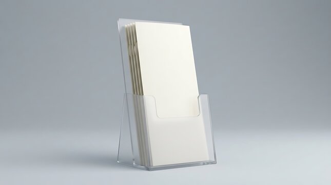 Clear plastic brochure holder with blank white paper sheets on display stand