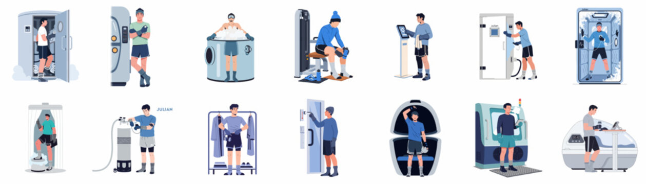 Illustration set featuring athletes utilizing high-tech recovery and biohacking equipment such as cryotherapy, hyperbaric chambers, and float tanks for physical wellness.