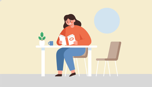Young woman sitting at a dining table and happily reading an open book in a quiet room with a blue wall decoration.
