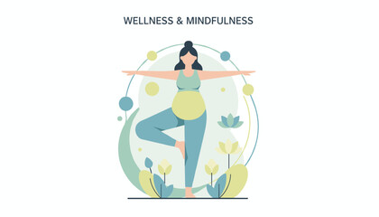 Naklejka premium Pregnant woman practicing tree pose yoga for mindfulness and physical wellness during her maternity active period.