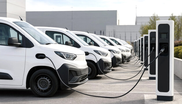 Modern electric vans charging in a row at public charging station in urban parking lot
