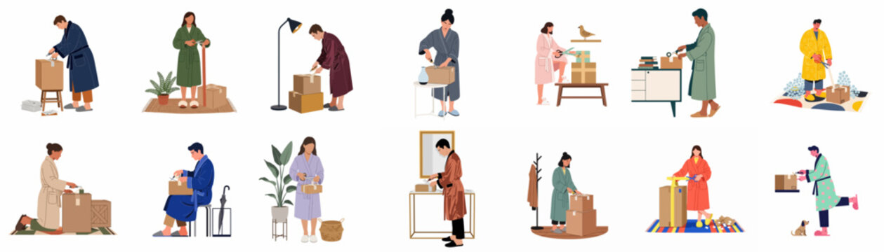 Diverse collection of vector illustrations featuring people in bathrobes packing, unpacking, and organizing cardboard boxes at home for moving or deliveries.