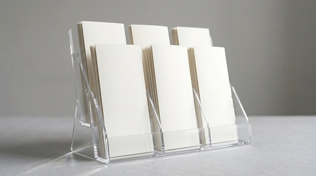 Clear acrylic brochure holder with stack of blank white paper leaflets for business marketing or office desk display