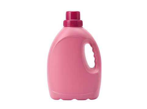 Pink plastic bottle of liquid laundry detergent for washing clothes isolated on transparent background