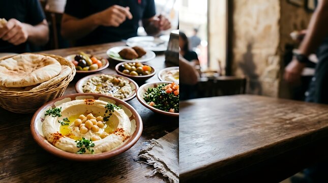 Authentic middle eastern mezze dishes on a rustic wooden table