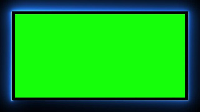 Blue glowing rectangular frame around a green screen for chroma key compositing, video overlays, transitions, backgrounds, and digital editing. 4K horizontal video.