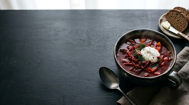 Hearty beet soup borscht with sour cream and rye bread on dark wood