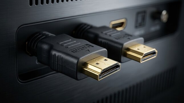 Close-up of HDMI connectors and metal plugs on a black electronic device.