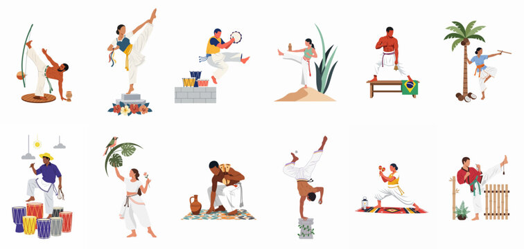 Collection of flat vector illustrations featuring Brazilian Capoeira martial artists, musicians playing traditional instruments, and cultural icons, all isolated on a white background.
