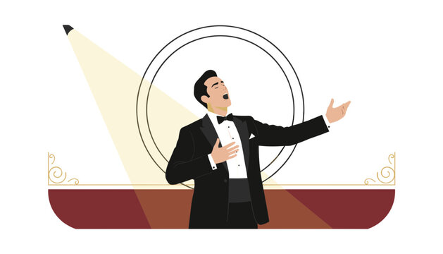 Elegant opera singer in a classic black tuxedo performing very passionately on a stage under a bright spotlight.