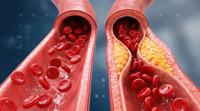 Healthy cardiovascular health depends on clear artery without blockage while atherosclerosis causes artery blockage reducing blood flow and risking heart health and artery function