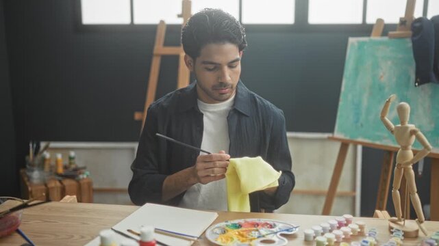 Man wipes paintbrush with yellow cloth at a wooden studio table with paint palette, jars, brushes, easel and mannequin figure in studio; quiet concentration.