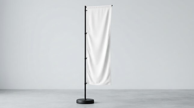 Blank white vertical fabric banner flag standing on a black metal pole for outdoor advertising display mockup design