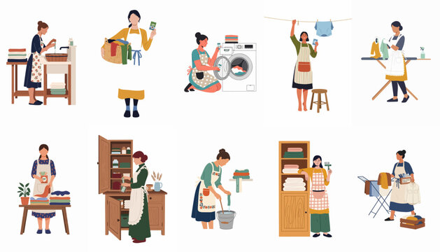 Set of flat vector illustrations depicting women performing various laundry and household cleaning tasks like washing, drying, ironing, and organizing clothes.