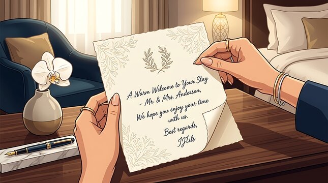Hands holding a personalized welcome letter in a luxury hotel room