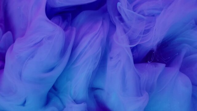 Paint steam texture. Art vapor. Defocused blue purple pink color ink glitter liquid cloud splash spreading on abstract acrylic background.