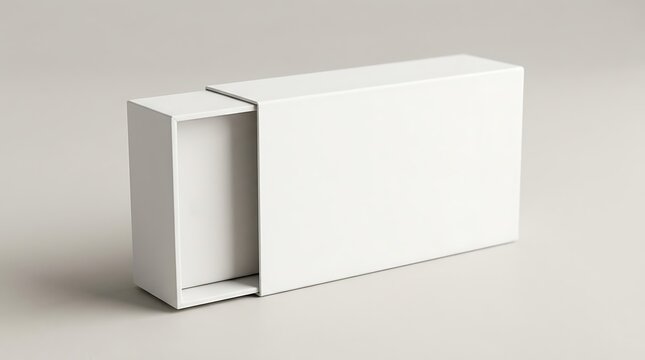 Blank white rectangular sliding paper box mockup for product packaging design sitting on a neutral surface for display
